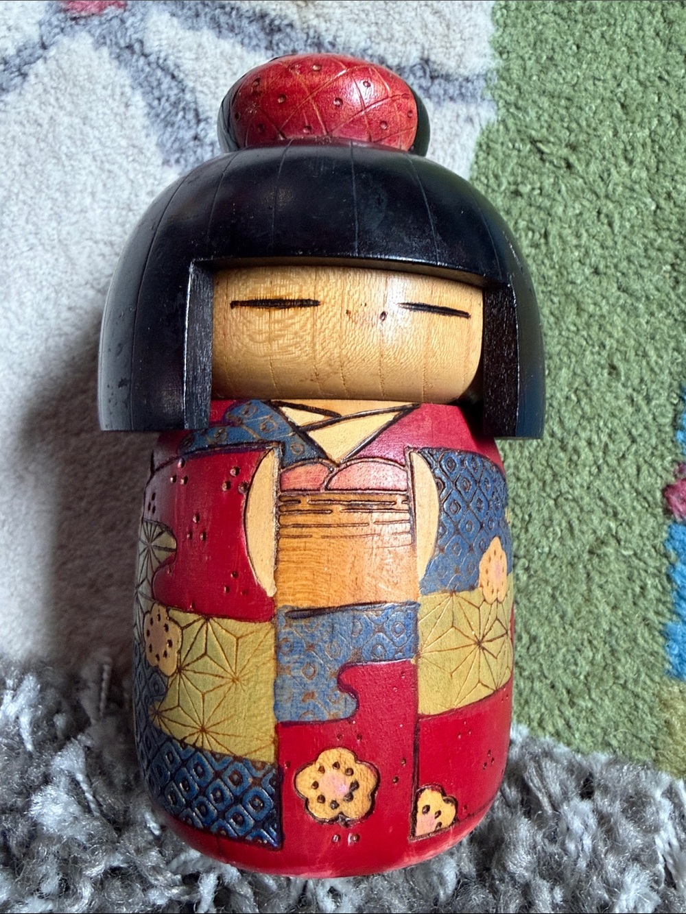 Handcrafted Red and Black Kokeshi Doll Decorative Accent Japanese vintage